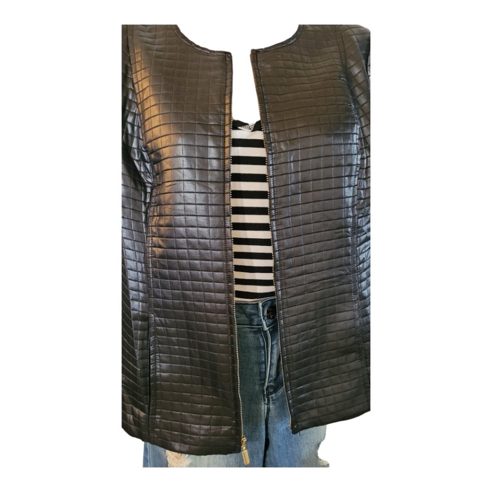 Quilted leather look lightweight 90s oversized black jacket size large - Picture 9 of 11